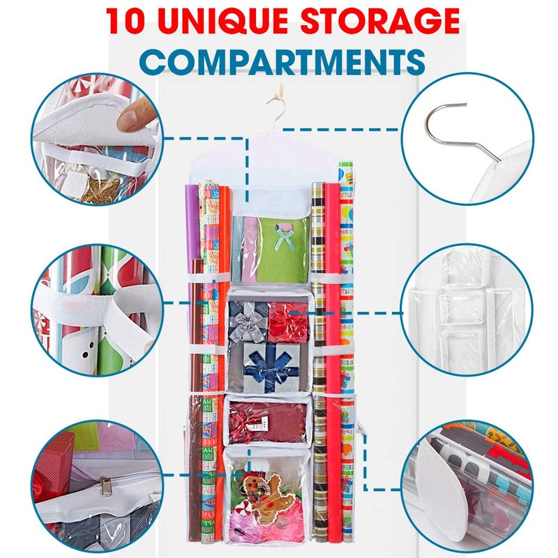 ProPik Hanging Double Sided Wrapping Paper Storage Organizer With Multiple Front And Back Pockets Organize Your Gift Wrap & Gift Bags Bows Ribbons 40â€X17" Fits 40 Inch Rolls (White) - Image 4